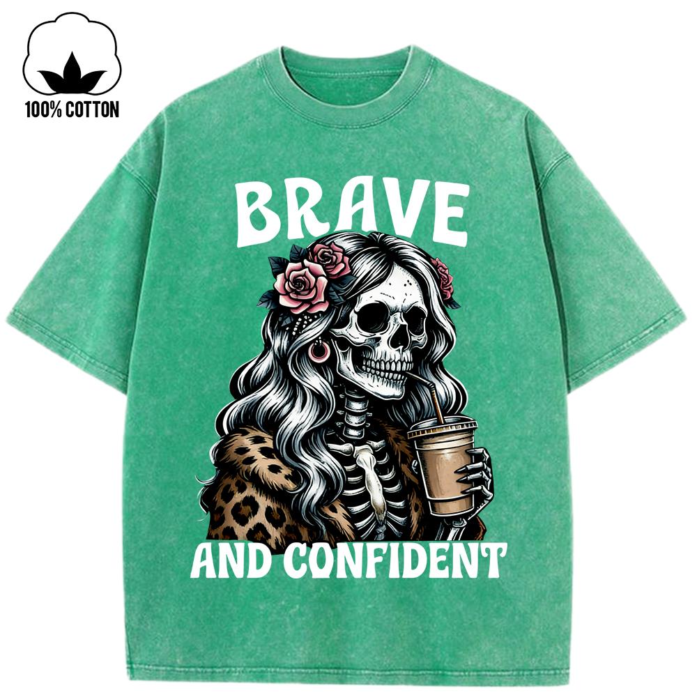 

Brave Confident Coffee Skulls Print Washed Holes T-Shirt Women Cotton Oversize Short Sleeve Y2K O-Neck T Shirts Soft Top 3XL