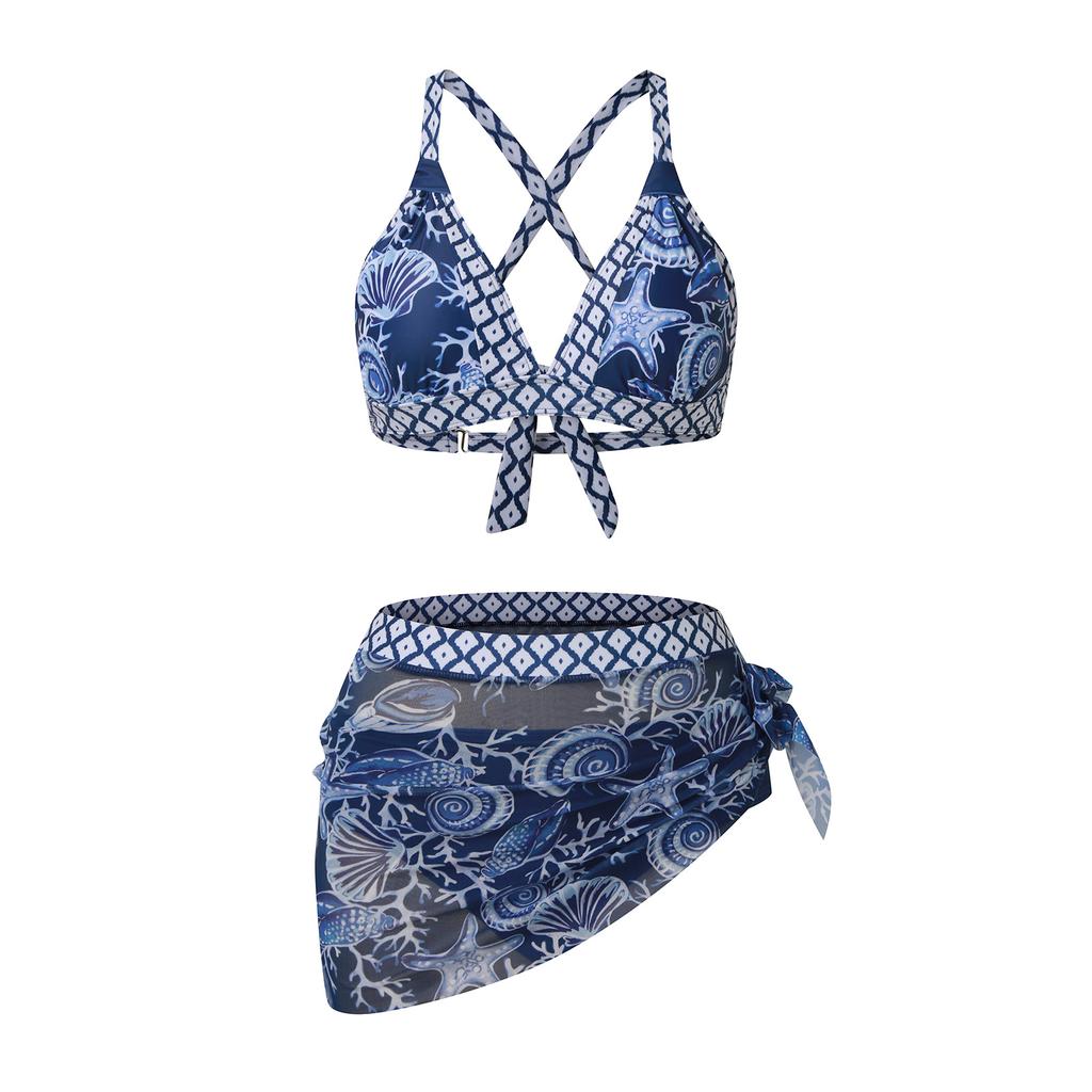 Damen V-Ausschnitt Sexy Badeanzüge Dreiteilige Outfits Push-Up Hohe Taille Bikini-Sets Hosenträger Bedruckte Bademode Tankinis Set