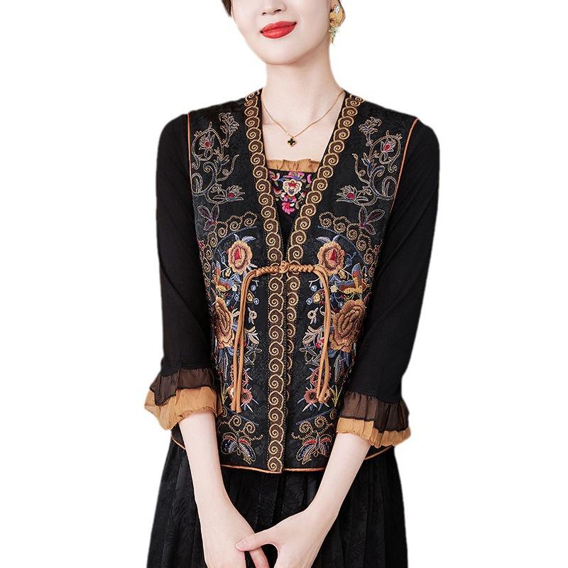 2024 Retro Etnisk Kinesisk Stil Brodert Reversibel V-hals Vest for Kvinner