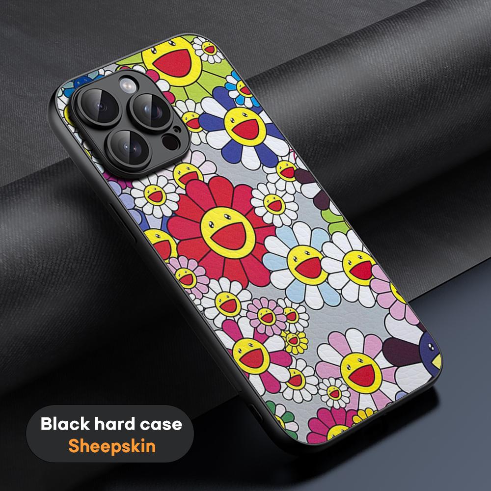 Sunflower Japan Painting M-Murakami Art Phone Case For iPhone 16 15 14 13 12 11 Plus Pro Max Limited Black Hard Case Sheepskin