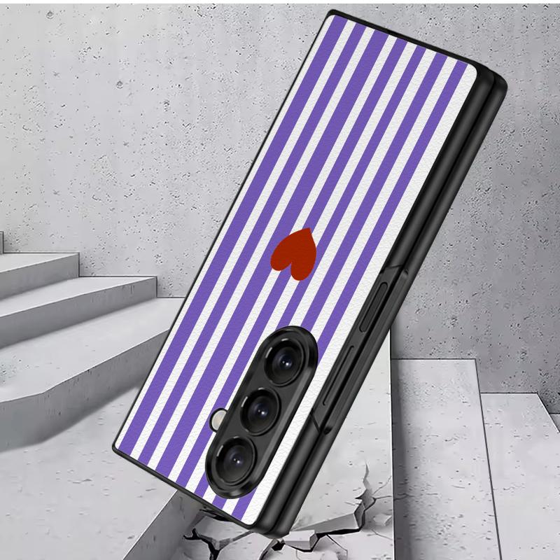 Stripe Heart Pattern Case For Samsung Galaxy Z Fold 8 Ultra 7 6 5 Fold8 Fold7 Fold6 Luxury Leather Skin Hard Folding Phone Cover