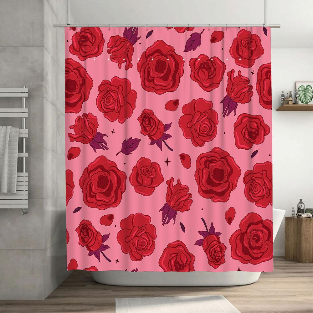 Red Rose Shower Curtain Pink Floral Pattern Wall Hanging Decor for Bathroom Extra Long 180x240cm Bath Shower Curtains Set with R