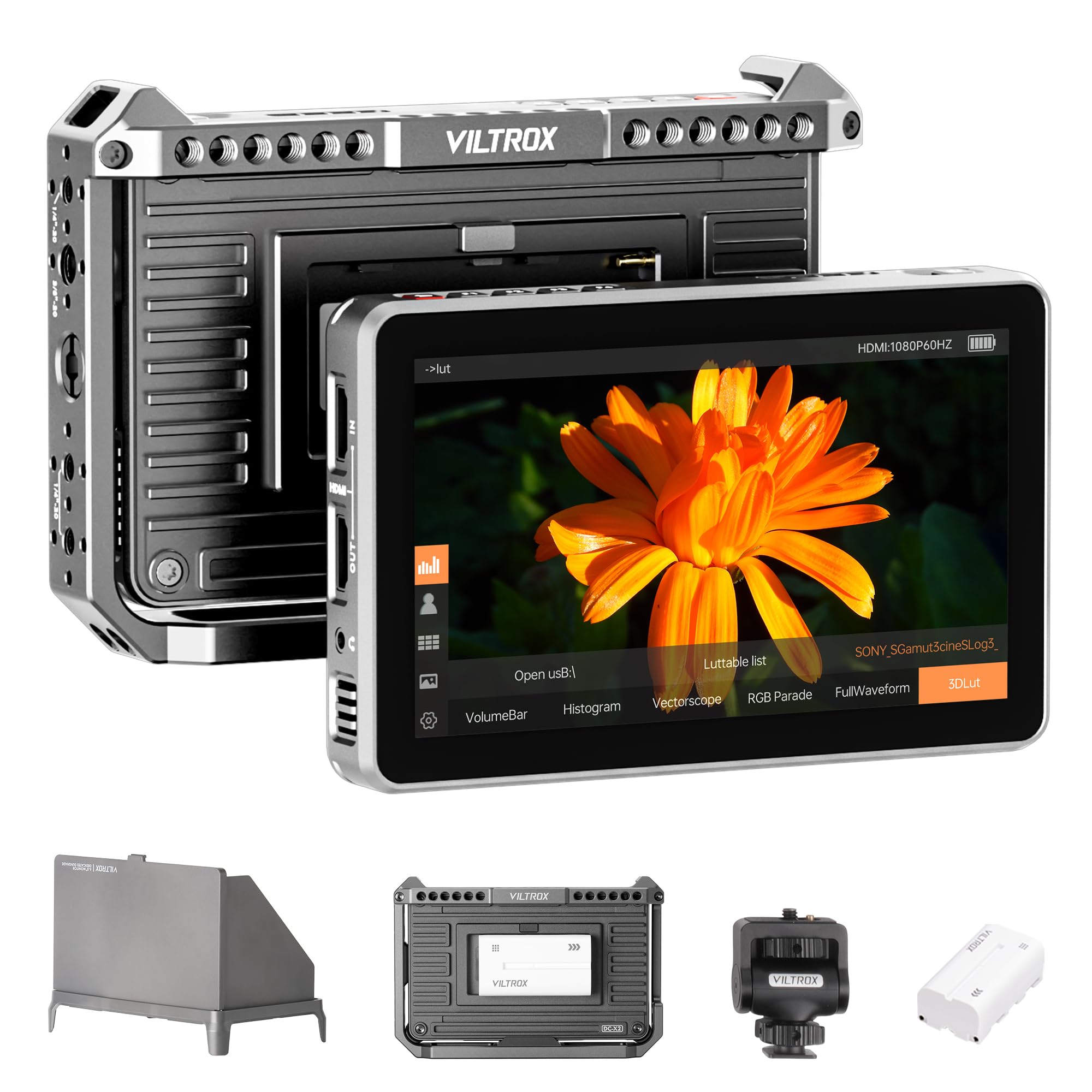 

VILTROX 2000 нит Полевой монитор для камеры Клетка-риг 4K HDMI Сенсорный экран Камера 3D LUT Видеомонитор с осциллограммой Анаморфный Пикинг Клетка-риг и комплект, 6 дюймов