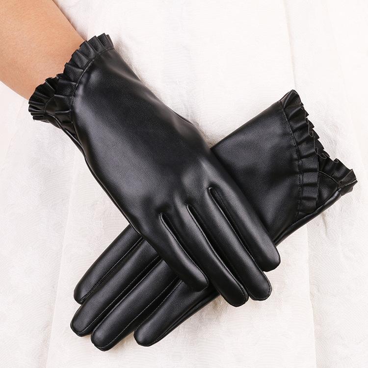 Women's warm leather gloves new winter gloves bow fleece thickened cold-proof cycling touch screen gloves