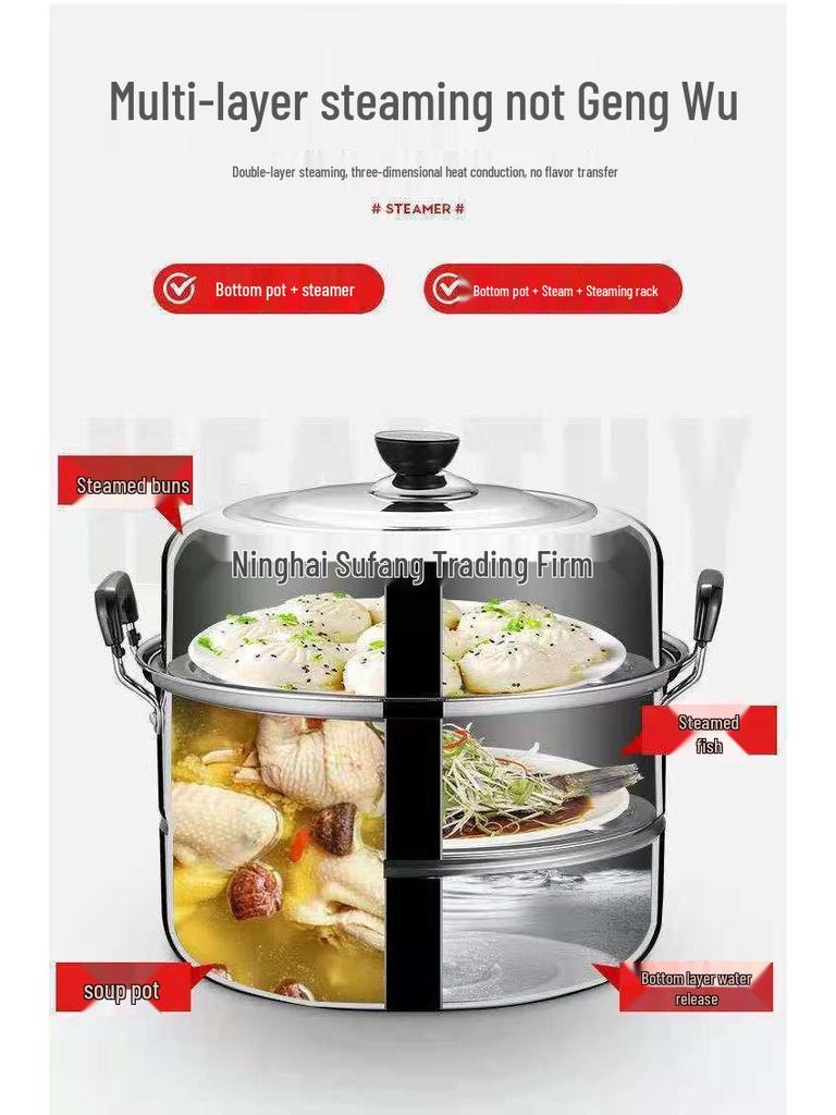 Large Dual-Layer Stainless Steel Steamer & Soup Pot for Induction and Gas Stoves