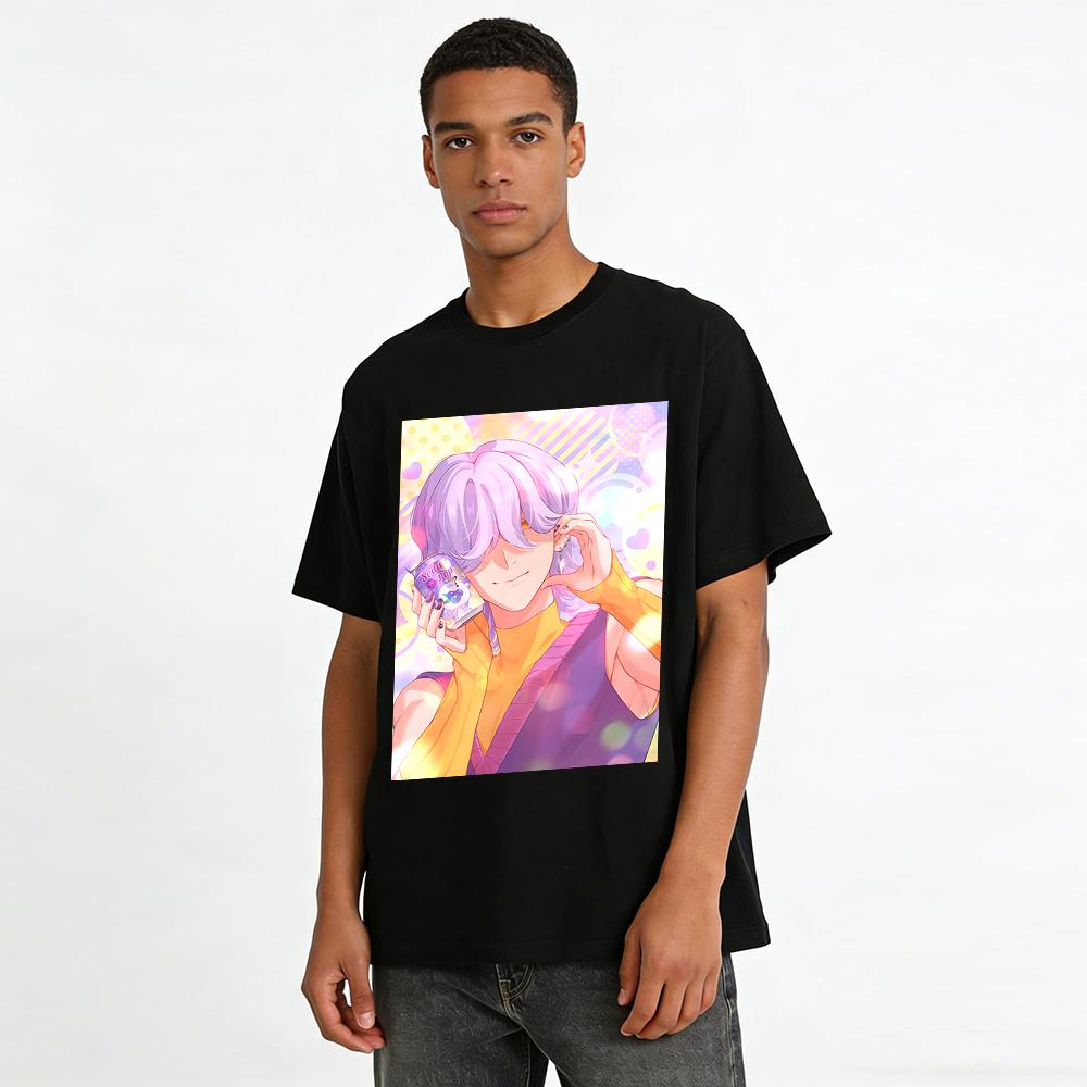 Y2K Style Anime Boy Print Tank Top Purple Yellow Color Block Sleeveless Top For Daily Wear Pure Cotton T-shirt