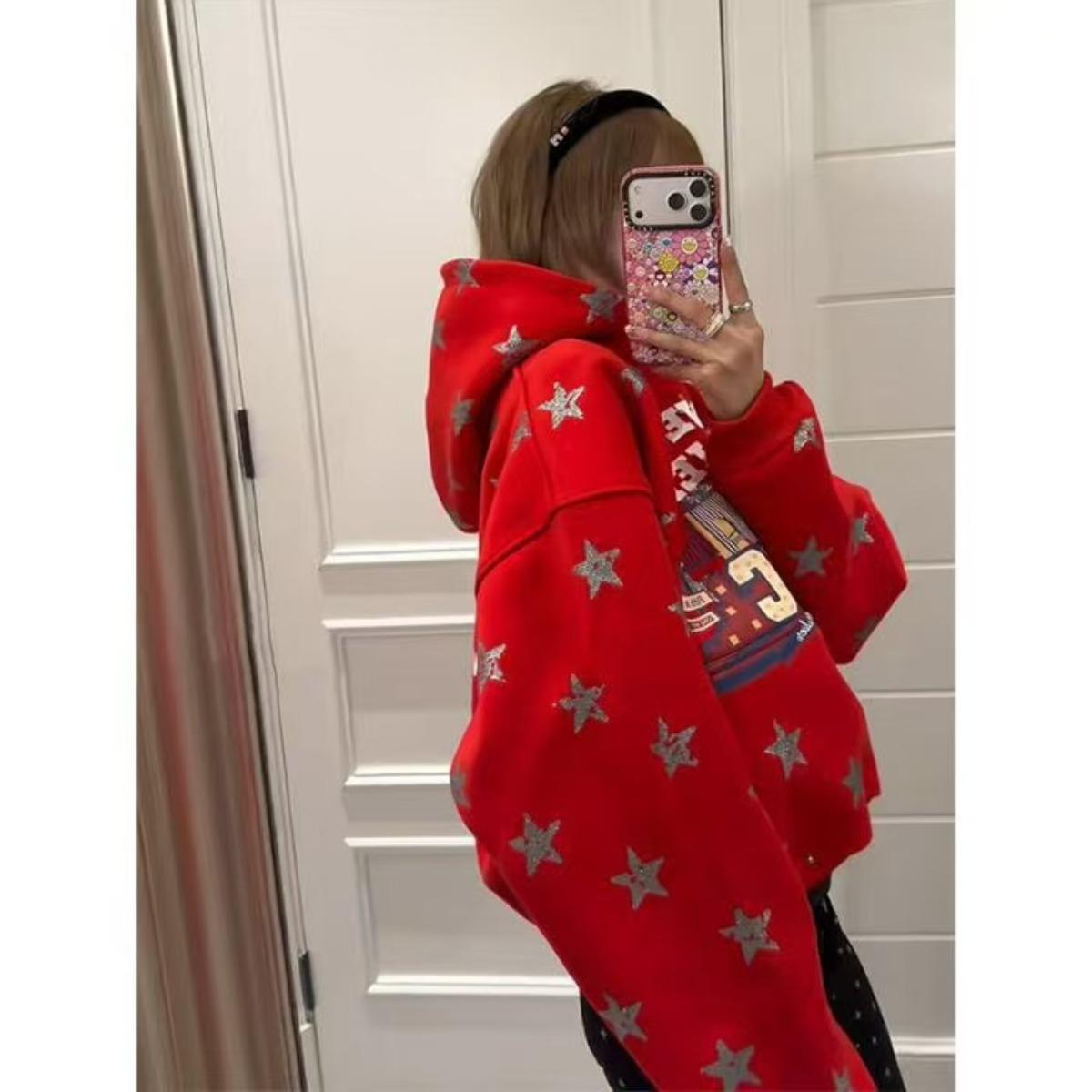 

STREETRICH Women s Fce Lined Hoodie Vintage American Retro Spotted Stars Winter Feeling Fun Print Street Sle Zipper Clos... S красный