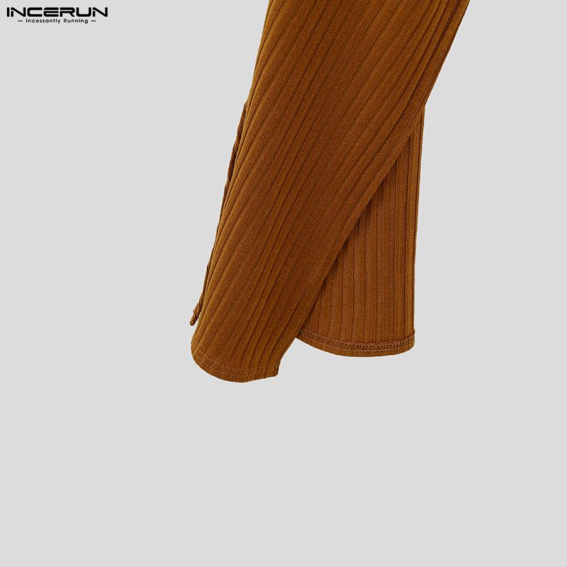 INCERUN Autumn Men Lapel V Neck Long Sleeve Long Layers Rib Casual Tops Pullovers