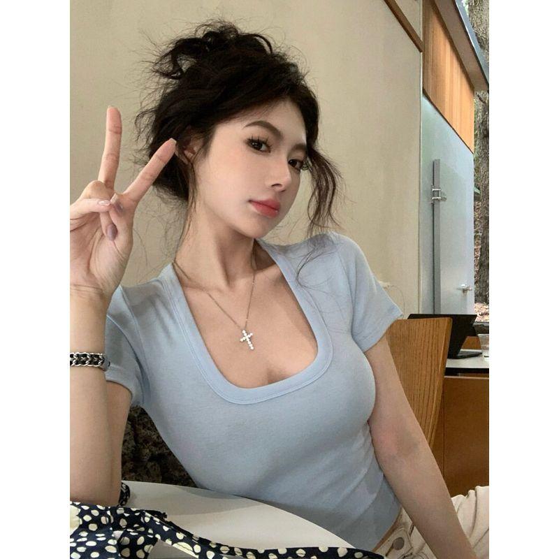 Summer Simple Basic Style Slim-Fit Low U-Neck Short-Sleeve T-Shirt for Women, Sexy Crop Top