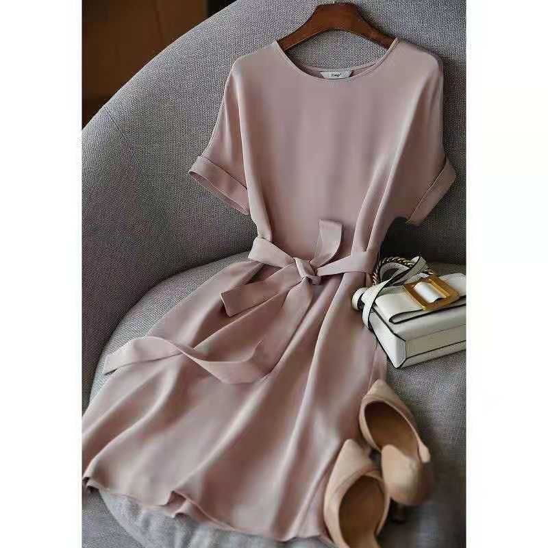 Summer New Korean Style Elegant Fashion Solid Color Dress Women O Neck Aesthetic Office Lady Chic Sweat Vestidos De Fiesta