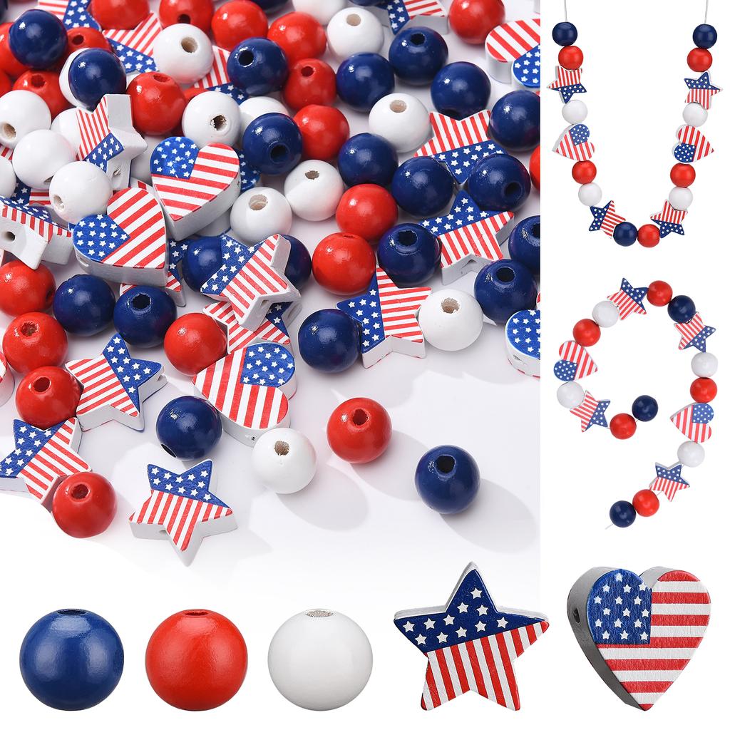 20pcs Star Heart Beads DIY Necklace Bracelet Accessories Red White Blue Wood Beads Tassel Craft Supplies