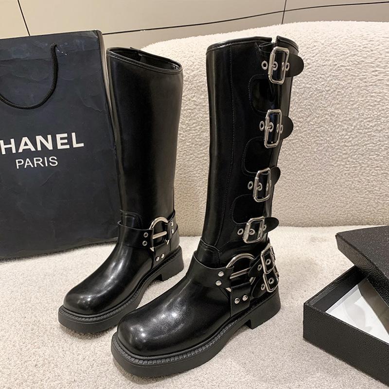 Fashion Platform Combat Boots Zip Chuny Heel Buckle Vintage Fashion Casual Luxury Designer Western Mid Calf Boots Shoes Woman