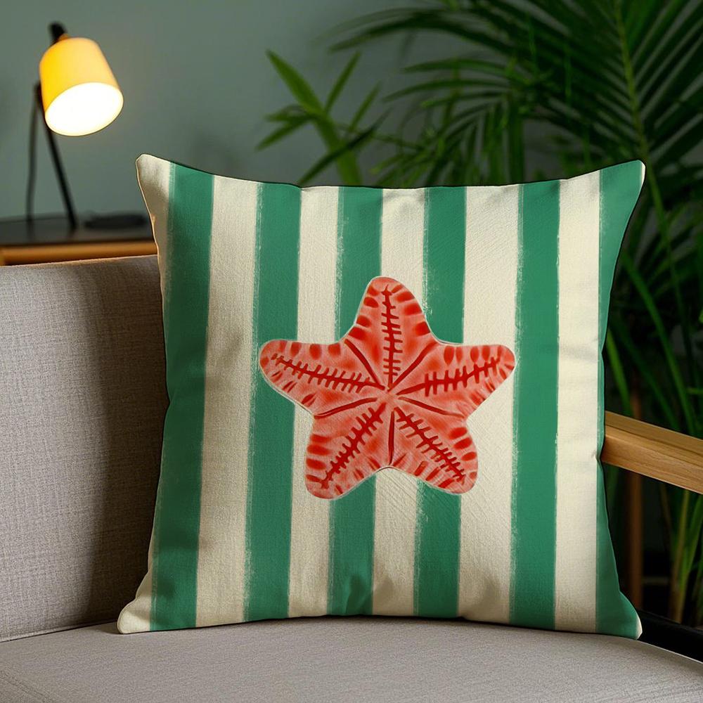 Ocean Life Theme Striped Cushion Cover Soft Short Plush Double-Sided Printing Home Decor Machine Washable Pillow Case Gift