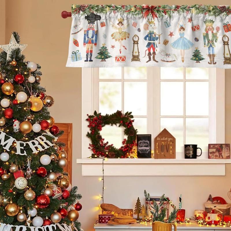 Christmas Nutcracker Kitchen Curtain Short Valance Watercolor Print Semi-Sheer Window Treatment Dining Room
