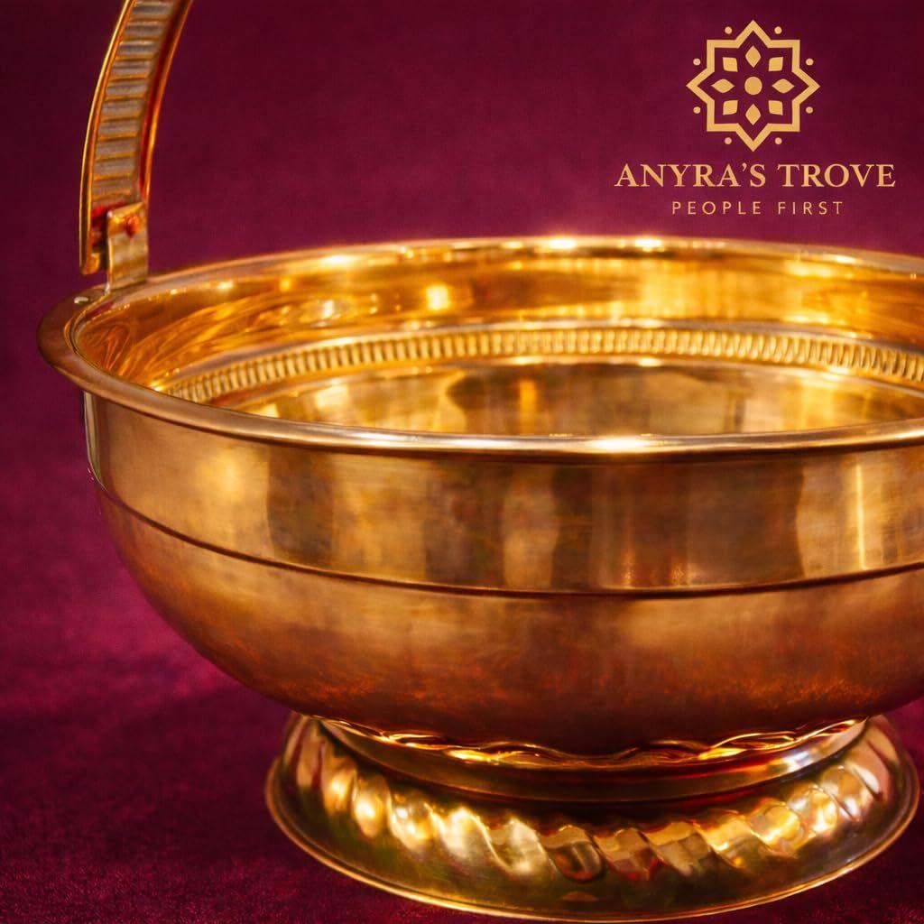 ANYRA S TROVE Medium Pooja Basket with Flower Design 100% Brass with Handle|Temple