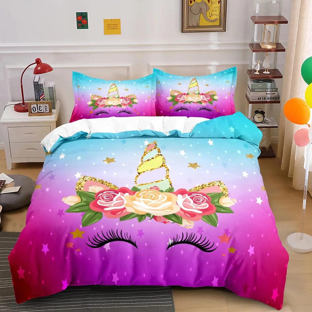 Unicorn Cute Bedding Set Single Twin Full Queen King Size Polyester Bedroom Duvet Cover Aldult Kids Comforter Quilt Cover Set