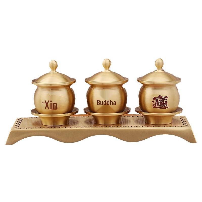 Brass Buddhist Offering Cups - Holy Water & Fruit Offering Set (3-Piece)
