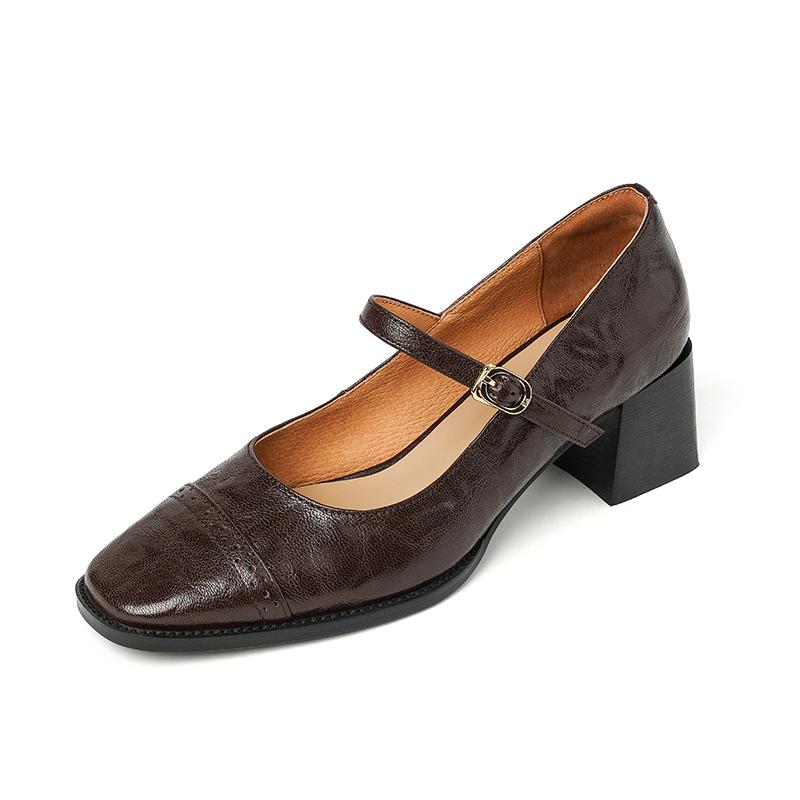 Fashion 2025 New Cow Leather Women Dress Shoes Chunky Heel Retro Mary Janes Shoes Shallow Round Toe Pumps Ankle Strap Ladies Office Shoe