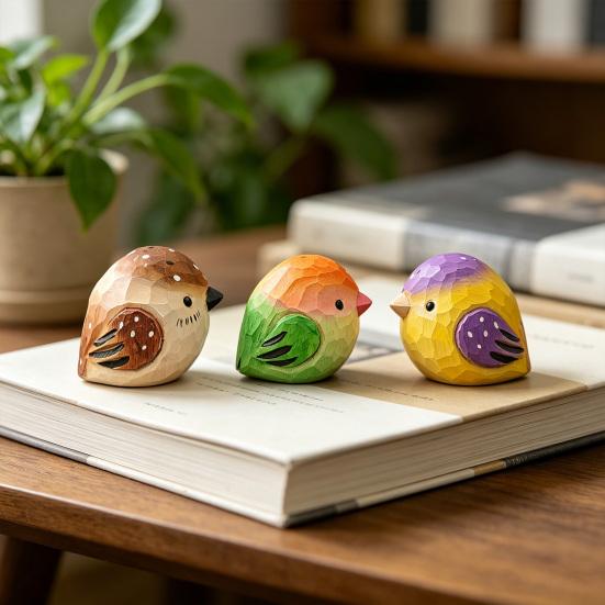 Mini Wood Carving Bird Ornament Hand-Carved Painted Bird Figurine Statue Sculpture Home Office Desktop Decoration Ornament