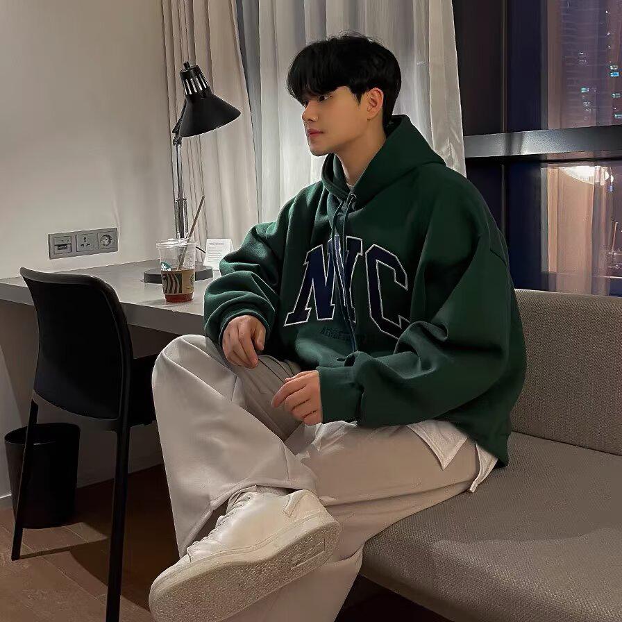 

Мужская толстовка с флисовой подкладкой 2025: Весенне-осенняя куртка в гонконгском стиле свободного кроя, с модным принтом букв бренда, универсальная L