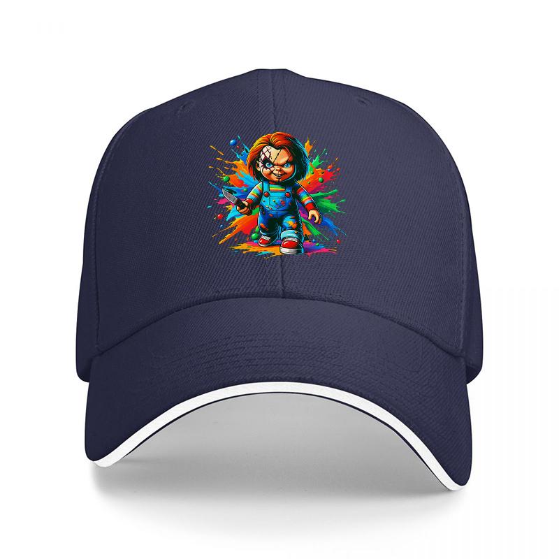 Chucky Horror Movie Character Baseball Cap Black Adjustable Hat with Colorful Splash Design for Fans of Classic Horror Films