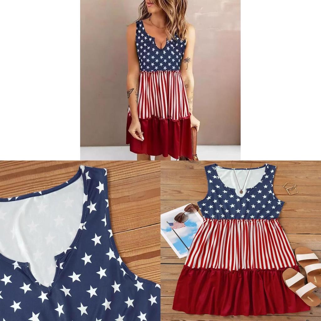 Vintage American Flag Sleeveless Vneck Dress With Polyester Fabric For Casual Wear