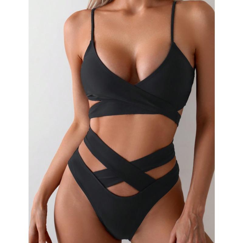 new sexy hollow bikini split swimsuit women s high-end beach hot spring swimsuit S чёрный