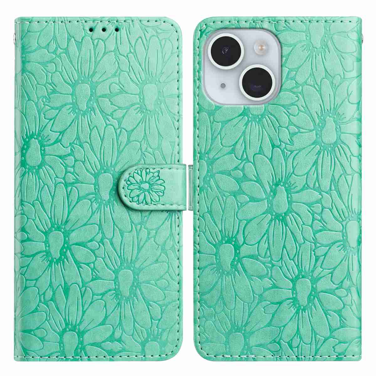 

For iPhone 15 Leather Case Daisy Imprint Wallet Stand Phone Protective Cover C