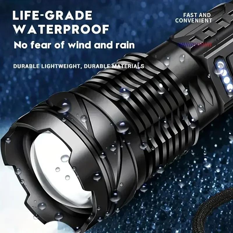 High Powerful LED Flashlight Rechargeable Waterproof Torch with Side Light 7 Modes Zoomable Lamp for Camping Fishing Lantern