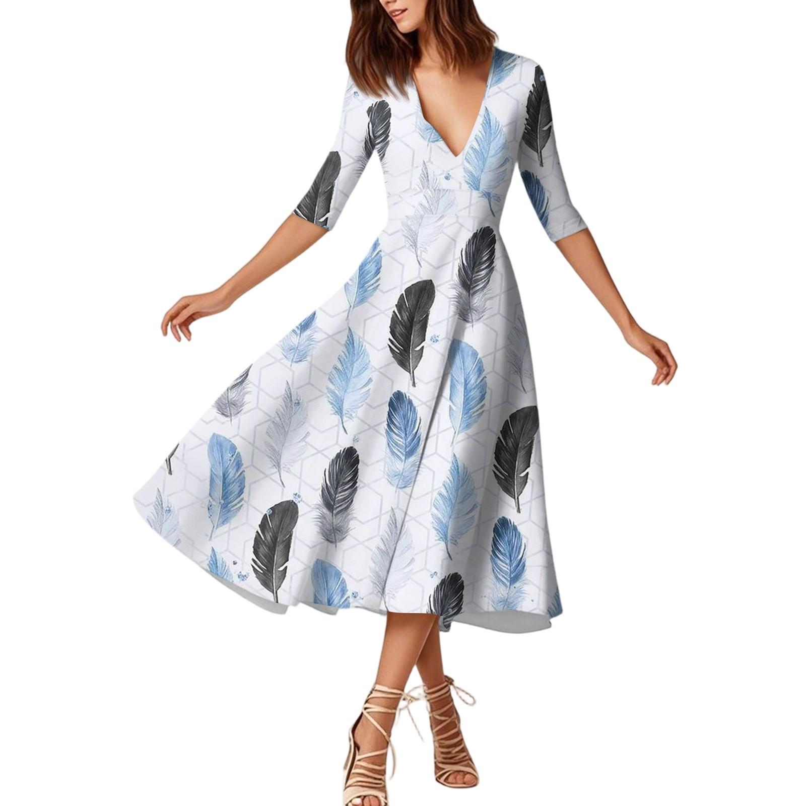 

Модное платье средней длины с рукавами средней длины, цветочным принтом и сексуальным V-образным вырезом S