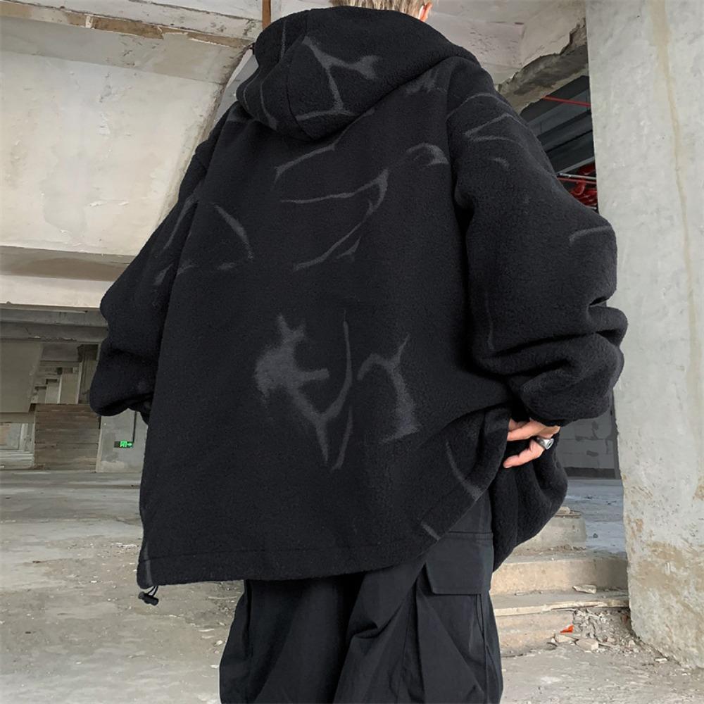 Lamb wool cotton-padded clothes thickened warm cotton-padded clothes men's loose hooded cotton-padded jackets loose coats