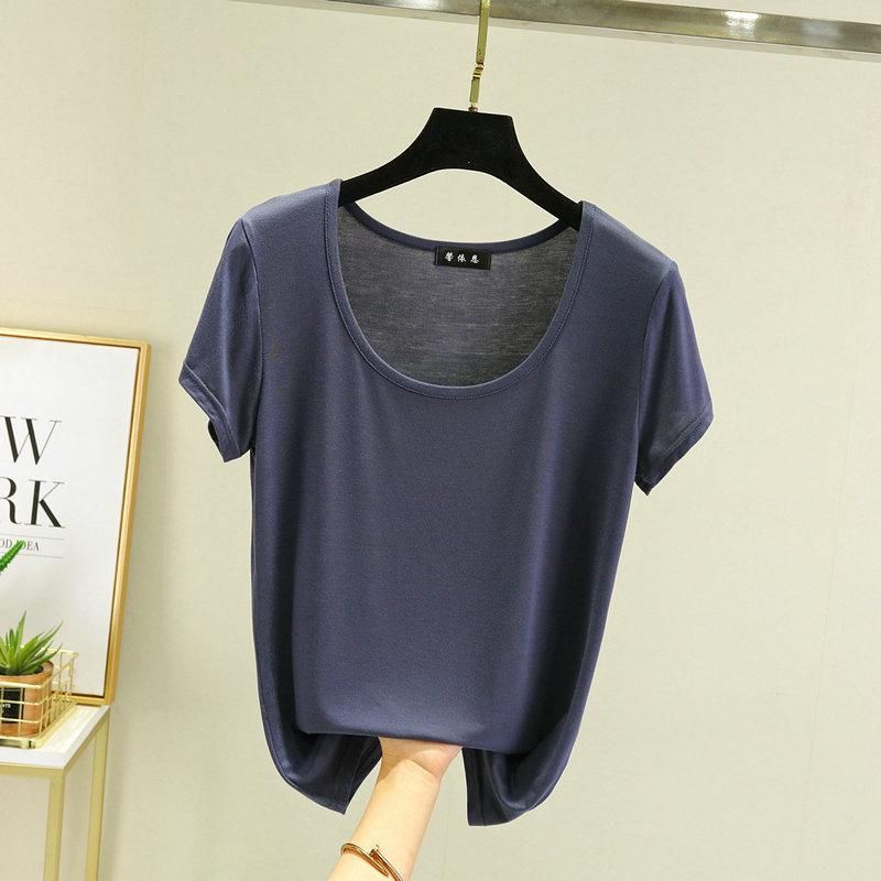 Women's U Neck Short Sleeve T Shirt Loose Fit Commuter Modal Fabric Solid Color Casual Basic Tee For Summer Daily Inner Layering Wear