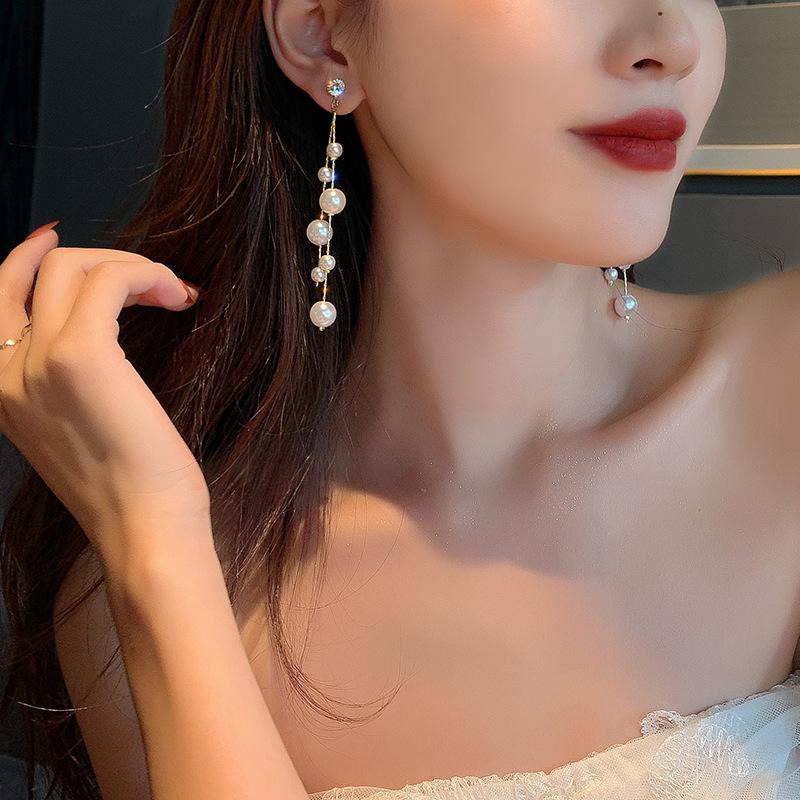S925 Silver Needle Long Imitation Pearl Tassel Earrings Temperament Net Red High-end Temperament Earrings Jewelry Oorbellen