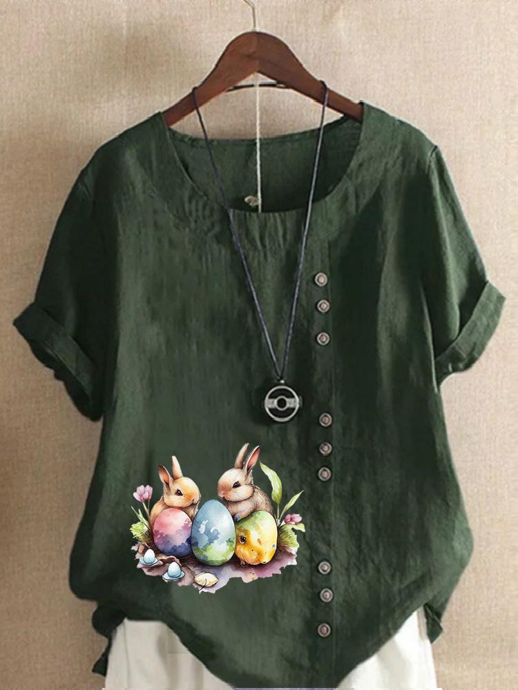 Women's Fashion Rabbit Print Casual Cotton Linen Short Sleeve Round Neck T-shirt Shirt Leisure Loose Summer Blouse Tops