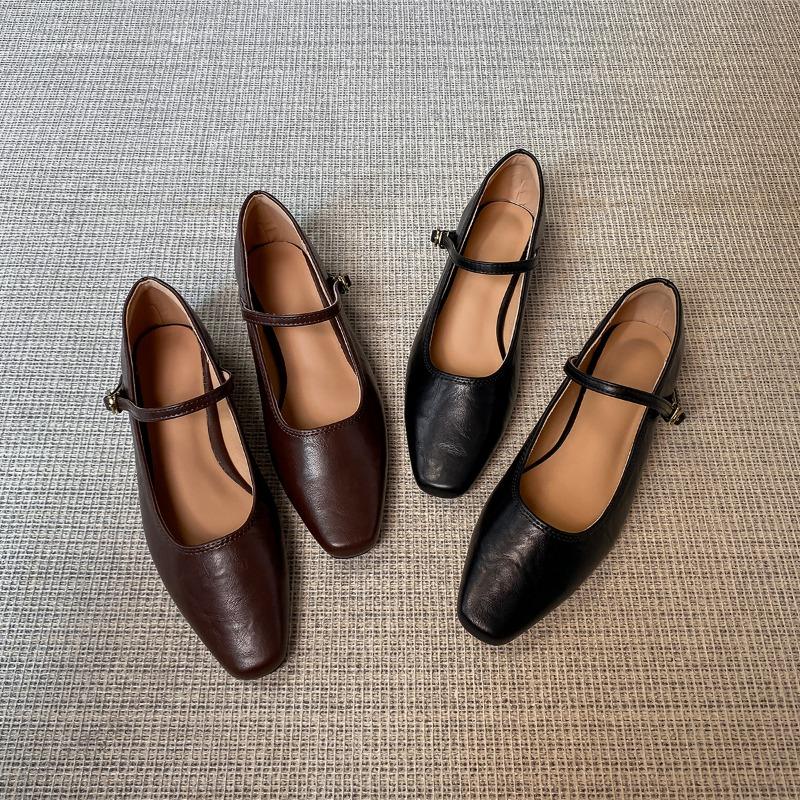 Washed cowhide~ Retro ballet flat-soled single shoes women's leather folds with Mary Jane shoes temperament low heel
