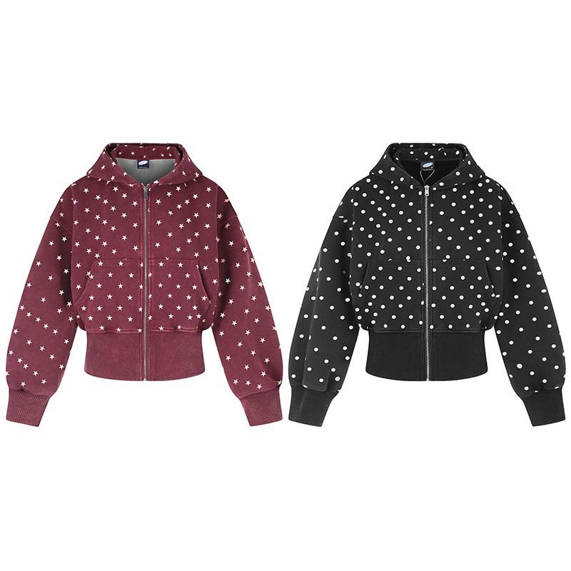 Vintage Polka Dot Hoodie Loose Fit Short Zip Up Cardigan Teens Streetwear