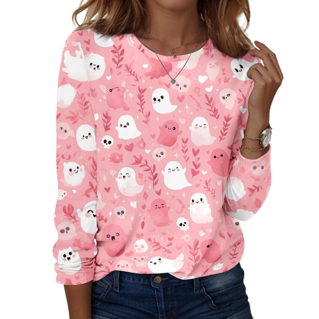 Women Long Sleeve Casual Pullover Sweatshirt Halloween Printed Crew Neck Top Lightweight Comfortable Fit for Everyday Wear