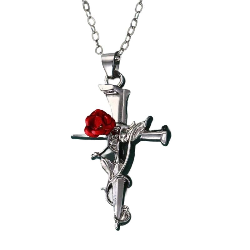 Alloy Rose Crucifix Pendant Necklace For Everyday Wear Religious Symbol Jewelry Gift With Adjustable Chain Design