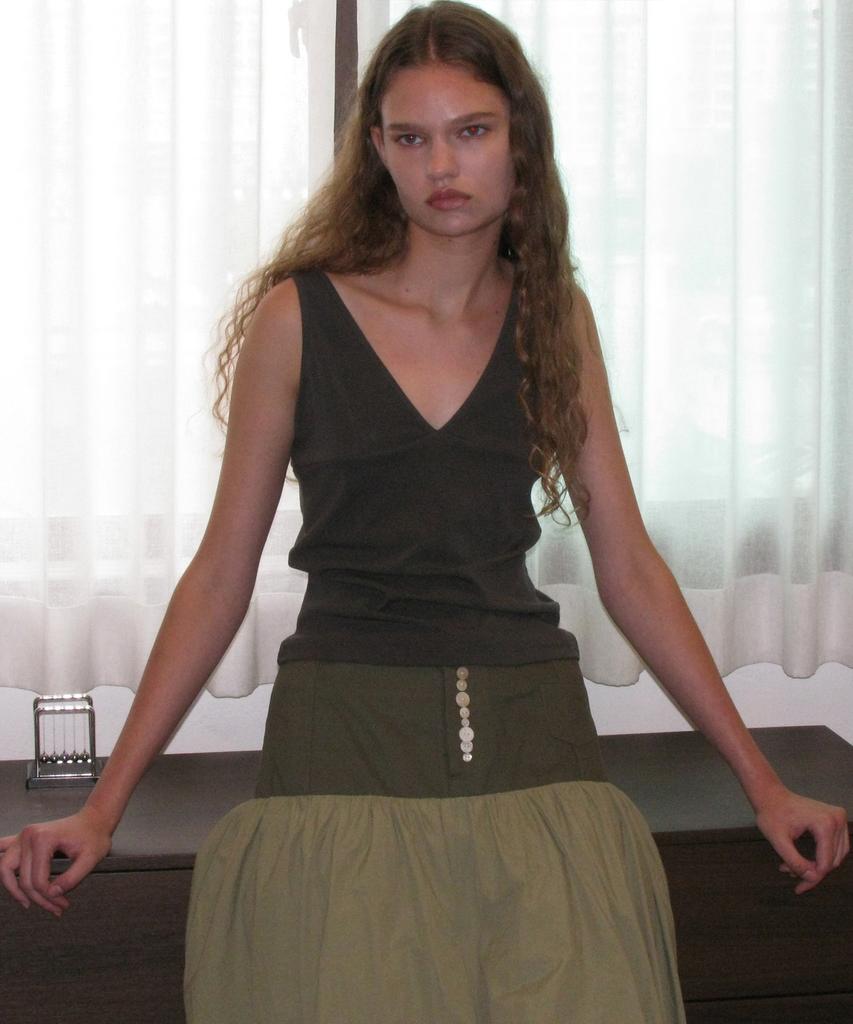 Partimento Woman Button-Pointed Puff Midi Skirt_Khaki Green