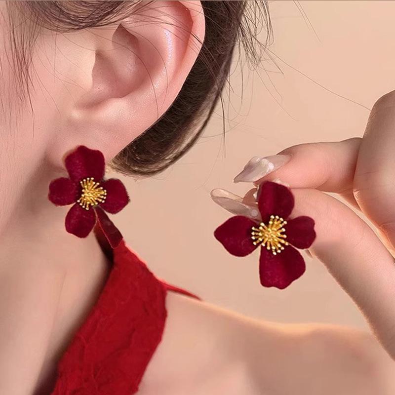 Silver Needle Red Bow Flower Earrings - Light Luxury Christmas & Holiday Studs, Autumn Winter Jewelry
