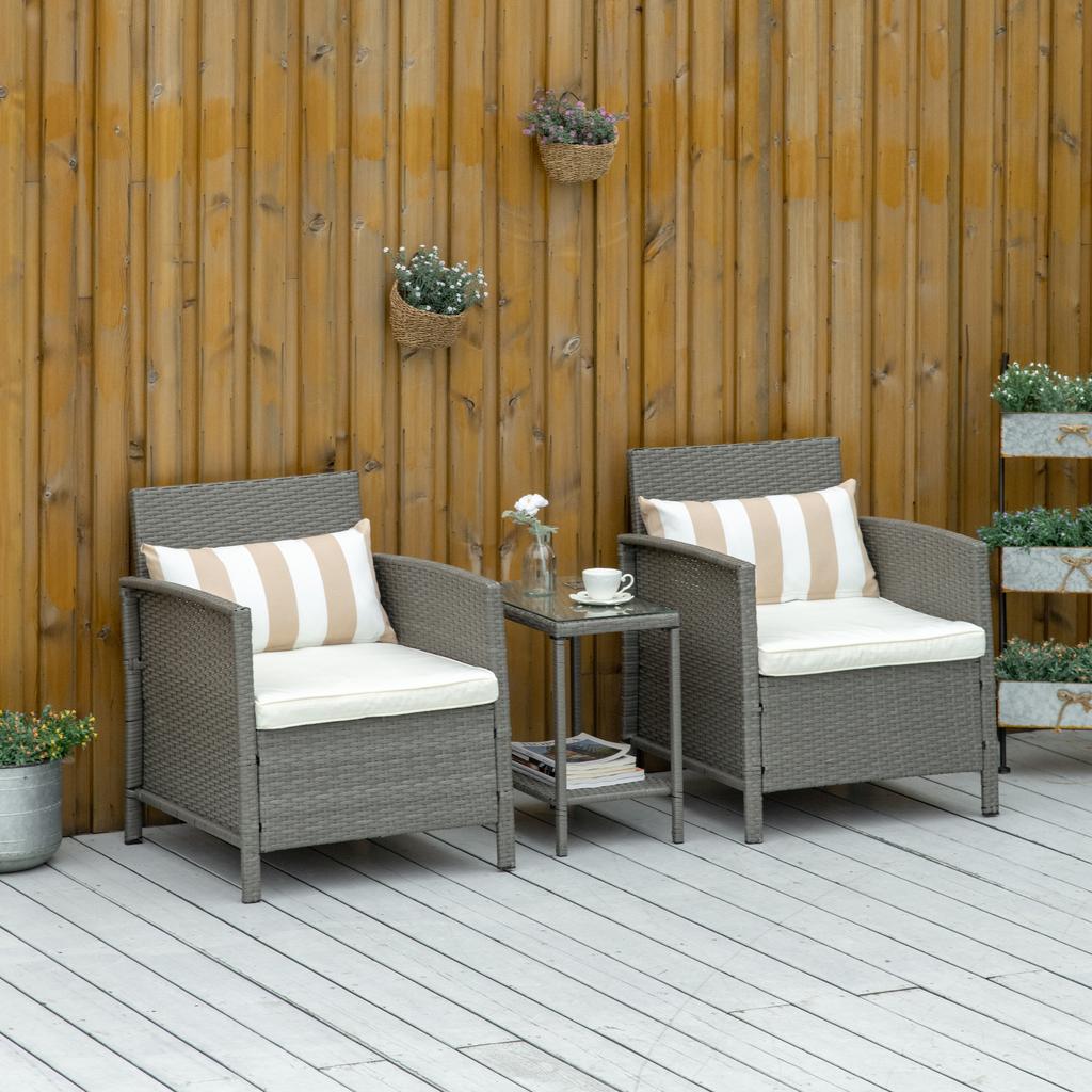 3 Pieces Rattan Bistro Set, Wicker Garden Furniture Set, Glass Top 2-tier Coffee Table and Chairs Set with Pillows and Washable Cushions for Outdoor