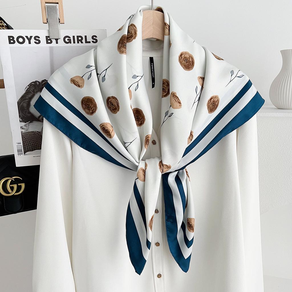 Korean High-end Rose Printing Simulation Silk Large Square Scarf Women's Thin Elegant Light Luxury Temperament Scarf Shawl