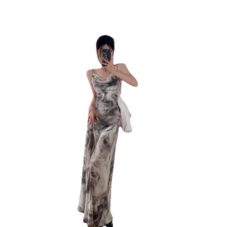 Retro Ink Painting Sleeveless Suspender Dress Female Summer Royal Sister Light and Familiar Wind Swing Collar Sexy Hip Fish Tail Dress