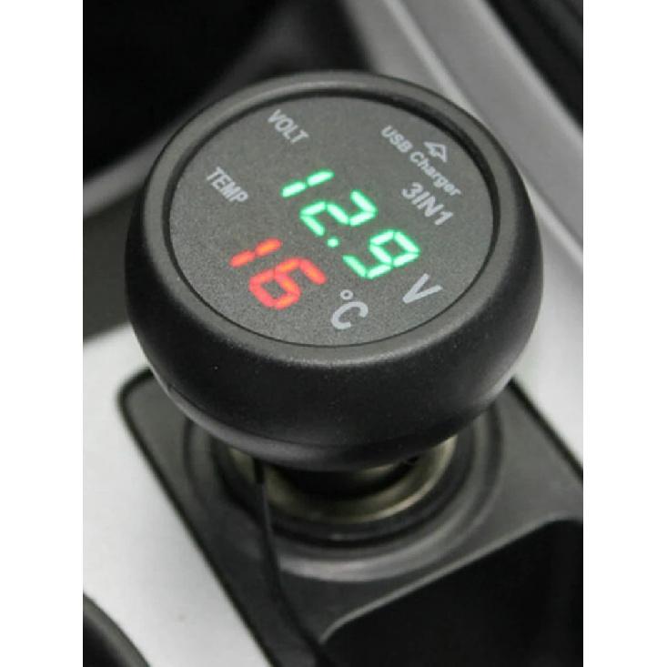 Autoladegerät 3in1 12/24V Voltmeter Thermometer USB-Ladegerät Schalter Auto LED Digitaler Monitor Display Strommesser Spannungsdetektor