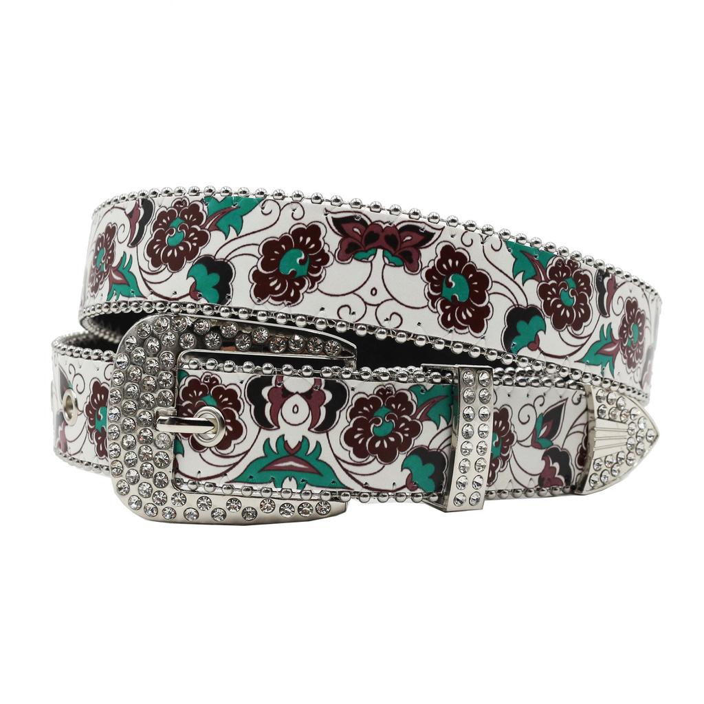 Rhinestone Belt Printed Brown Flower PU Printed Belt Design Feel Pin Buckle Belt