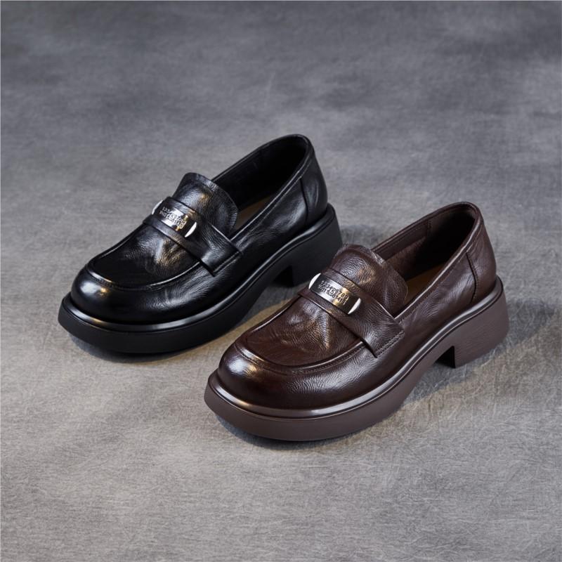 Johnature Genuine Leather Women's Shoes Soft Soled Loafers British Style Thick Soled Slip-on Shoes