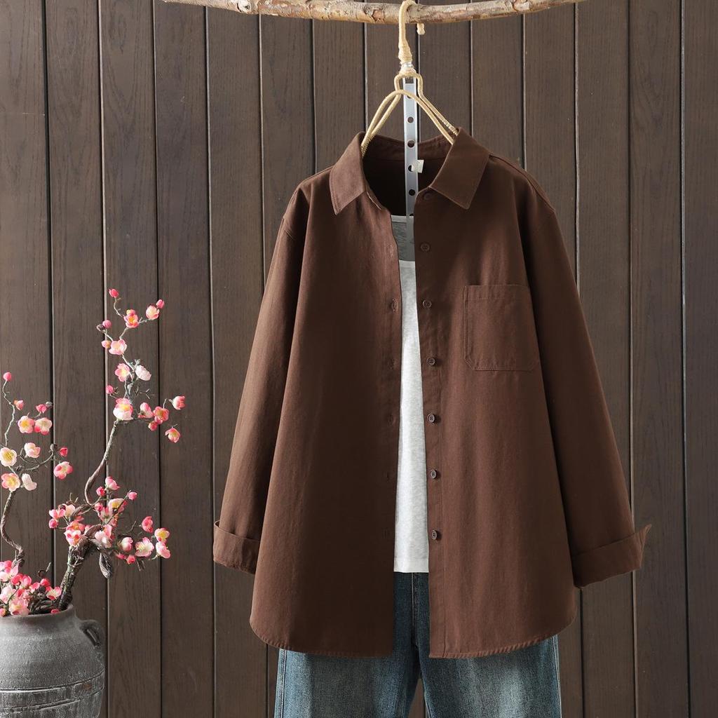 Women's Artistic Brushed Cotton Long-Sleeve Shirt, Autumn 2025 New Arrival, Loose Casual Mid-Length Top