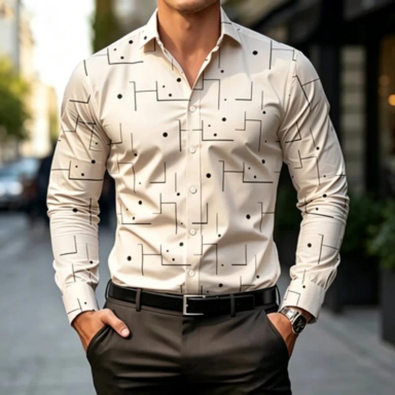 Essential Men's Geometric Pattern Long-Sleeve Shirt, Stylish & Versatile.