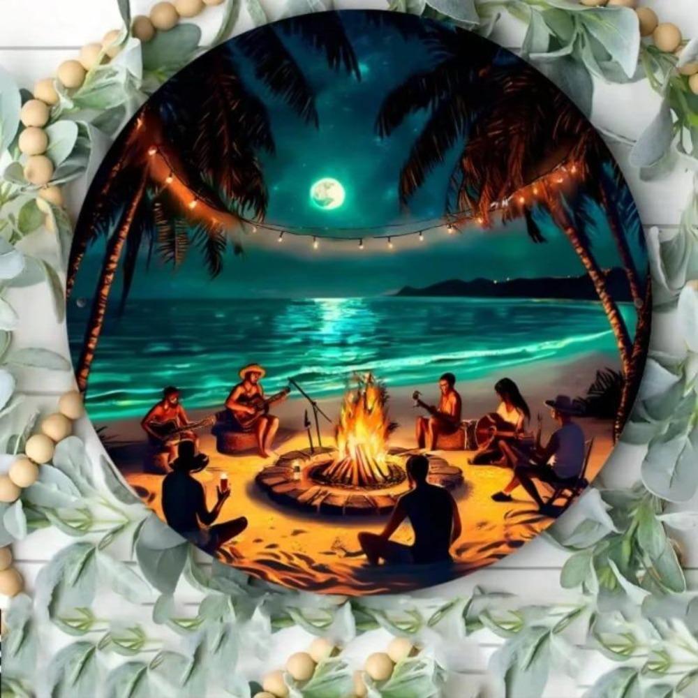 Metal Wall Art Moonlit Beach Palm Tree String Lights Office Cafe Decor Beach Theme Room Wall Decor
