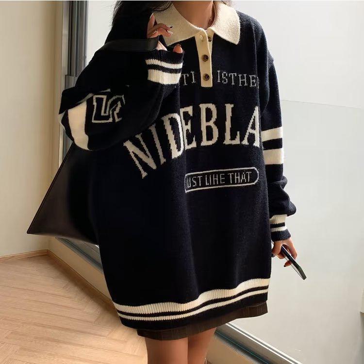 

Винтажный американский принт Преппи свитер с воротником поло - Женский осенне-зимний модный тренд S чёрный